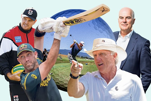Cathedral Golf Club has a course designed by Greg Norman (bottom right). Incoming AFL Commission chairman Craig Drummond (top right) and former AFL star Brendon Goddard (top left) are members, and Glenn Maxwell was at a recent star-studded event.