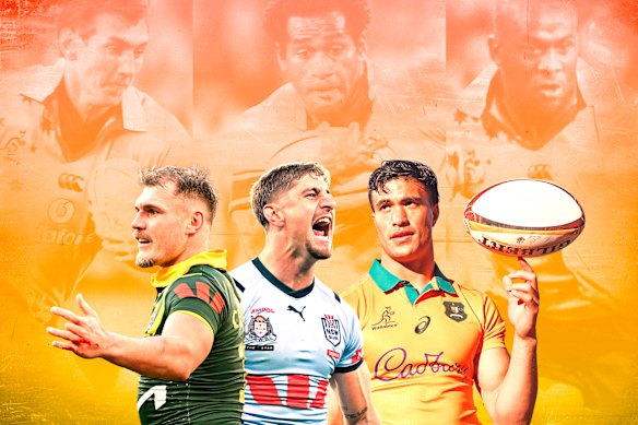 The 2003 NRL converts - Mat Rogers, Lote Tuqiri and Wendell Sailor - and the 2027 equivalents: Angus Crichton, Zac Lomax and Joseph-Aukuso Suaalii.