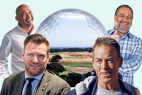 National Golf Club members Adam D’Sylva and Mick Molloy (back), former member Sam Groth (front left) and bathroom visitor Alastair Clarkson.