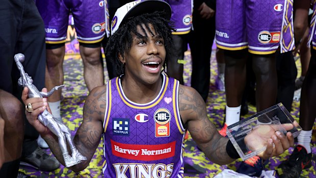Kendric Davis celebrates the Sydney Kings’ victory.
