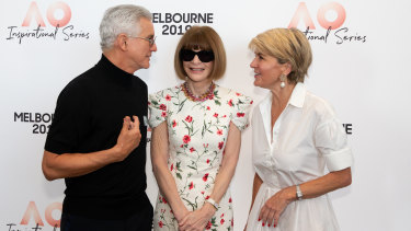 Baz Luhrmann (left), Anna Wintour (centre) and Australian federal politician Julie Bishop (right) react at the 2019 Australian Open Inspirational Series Brunch in Melbourne, on Thursday January 24, 2019. 