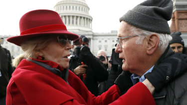 Actress and activist Jane Fonda talks with actor Martin Sheen outside the US Capitol during a protest on climate change on Friday.
