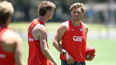 Swans defender Will Gould, right at training, is in line for a debut this weekend.
