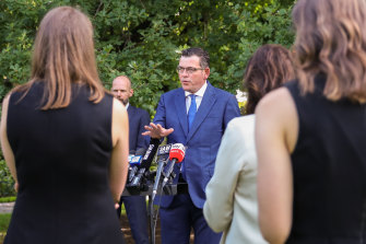 Journalists at a press conference held by Victorian Premier Daniel Andrews.