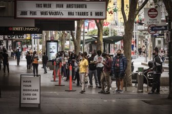 Long queues at a Bourke Street testing site on Wednesday.