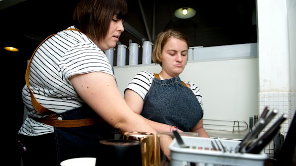 Big Green Cup Cafe owner  Sarah Schiliro with employee Edwina Marchant. Sarah is hoping to put more people with disabilities in cafe jobs.