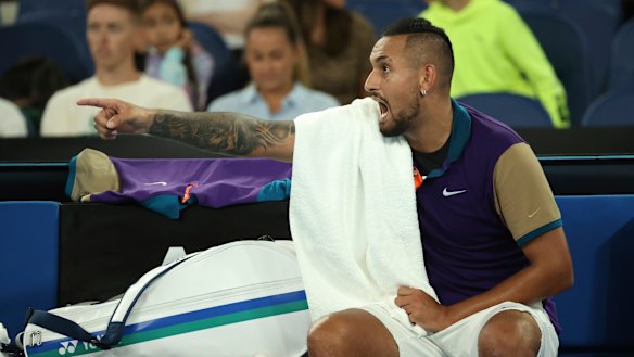 Nick Kyrgios gestures during his five-set loss to Dominic Thiem.