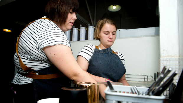 Big Green Cup Cafe owner  Sarah Schiliro with employee Edwina Marchant. Sarah is hoping to put more people with disabilities in cafe jobs.