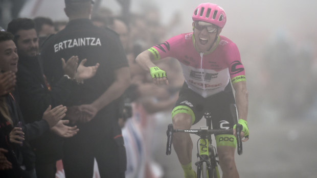 Canada's Michael Woods celebrates his gruelling victory in the 17th stage of the Vuelta.