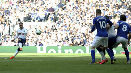 Tottenham Hotspur's Christian Eriksen scores his side's second goal against Everton on Sunday.