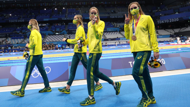 Bronze medalists Ariarne Titmus, Emma McKeon, Madison Wilson and Leah Neale.