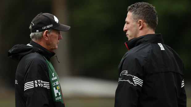 Rabbitohs head coach Wayne Bennett (left) says he was unaware of any of the allegations against Sam Burgess.