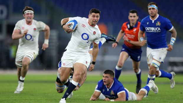 Ben Youngs of England makes a break to score his sides second try  during the 2020 Guinness Six Nations match between Italy and England at Olimpico Stadium on October 31, 2020 in Rome, Italy. 