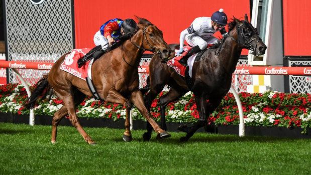 Jonker, ridden by Daniel Moor, wins the 2021 Manikato Stakes.