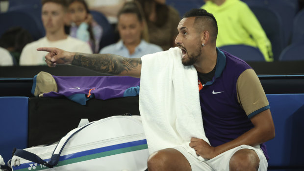 Nick Kyrgios gestures during his five-set loss to Dominic Thiem.