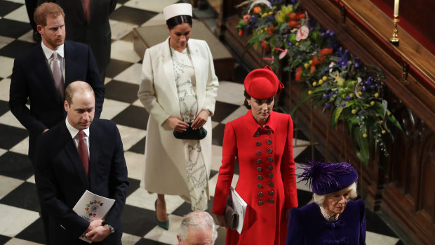 Members of Britain's Royal family leave after attending the Commonwealth Service at Westminster Abbey in London.