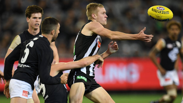 Young talent time: Magpie Jaidyn Stephenson earned praise for his performance against the Blues.