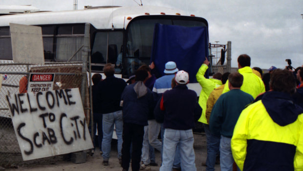 Patrick Stevedores locked out its workforce of 1400 union members, contracting their jobs to new companies with non-union workers.