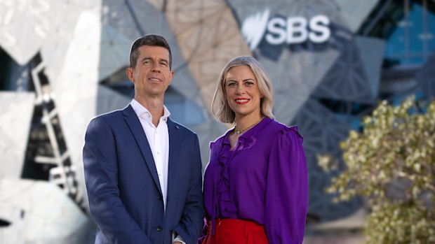 SBS Tour de France commentators Matthew Keenan and Bridie O’Donnell.