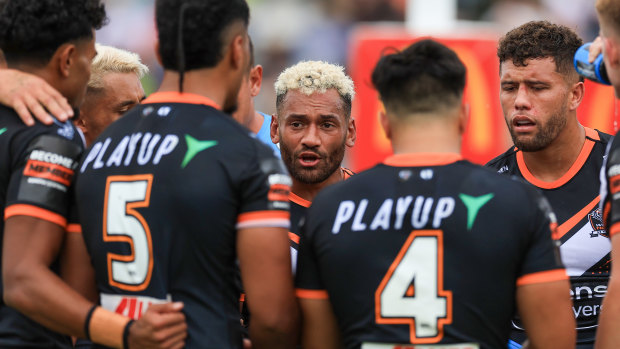 Api Koroisau addresses the troops during their round-one loss in Canberra.