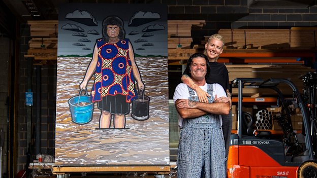 Artists Blak Douglas and friend, fellow artist Kim Leutwyler, drop off their Archibald entries at the Art Gallery of NSW. Blak Douglas’s entry of Lismore artist Karla Dickens, is behind titled Moby Dickens.