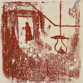 Figures in an interior with hanging lamp, Kelly Series (1947) by Sidney Nolan.