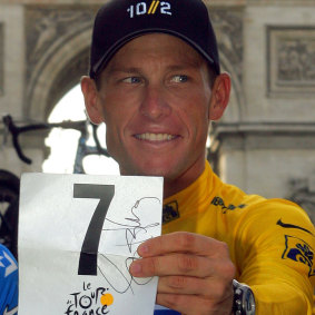 Years before admitting his extensive doping, Lance Armstrong celebrates his seventh win at the Tour de France in 2005.