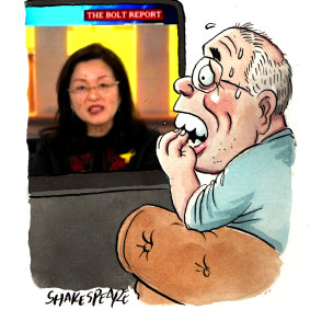 Liberal MP Gladys Liu had a difficult interview on The Bolt Report. Illustration: John Shakespeare