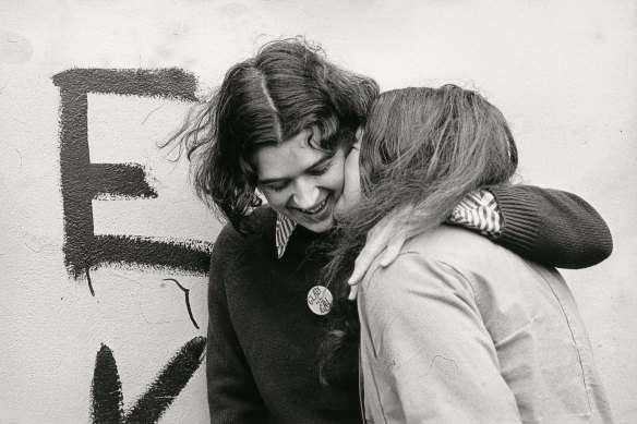 Ponch Hawkes, No title (Two women embracing, ‘Glad to be gay’) 1973, NGV. 