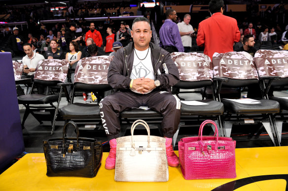David “Vegas Dave” Oancea with his collection of Birkins, which he regularly takes to LA Lakers NBA games.