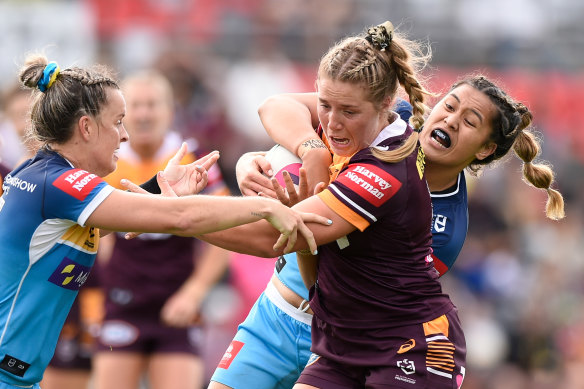 Brisbane’s Sophie Holyman on the charge against the Titans.