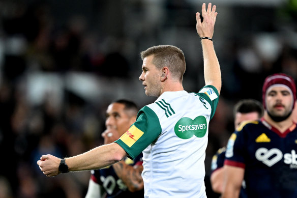 Referee Bendon Pickerill during Friday’s Highlanders-Reds game.