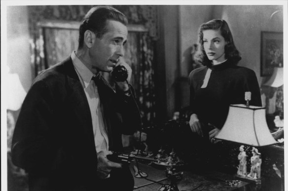 Humphrey Bogart and Lauren Bacall in a scene from The Big Sleep.