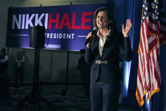 Republican presidential candidate former UN ambassador Nikki Haley addresses a gathering during a campaign rally in New Hampshire. 