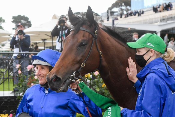 Damien Oliver with Colette after winning the Empire Rose Stakes.