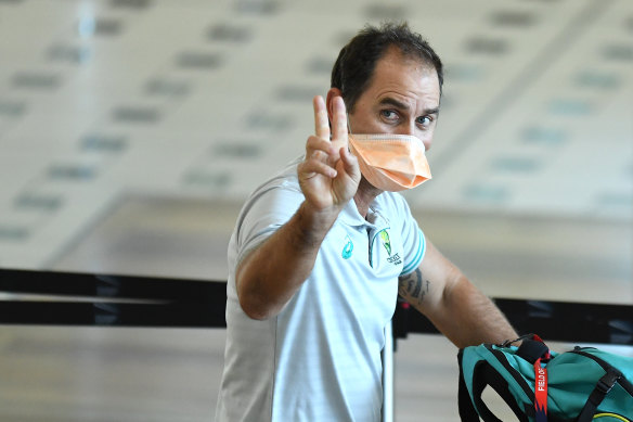 Justin Langer at Brisbane Airport on Tuesday after arriving back from the T20 World Cup.