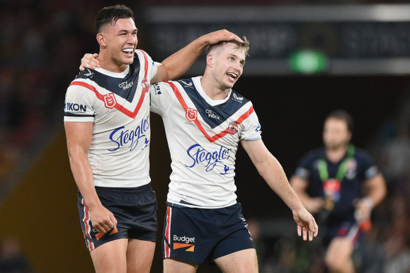 Joey Manu (left) will shift to the halves alongside Sam Walker for the Roosters.