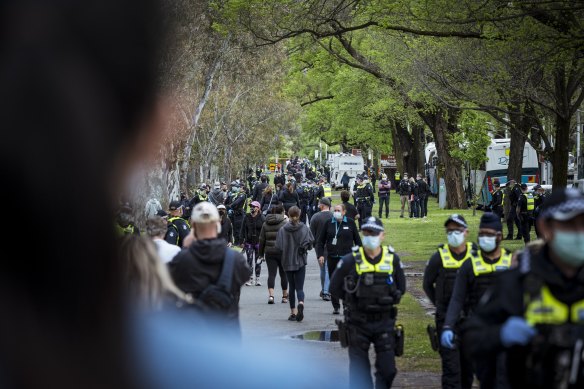 A large police presence at Princes Park in Melbourne’s inner north. 