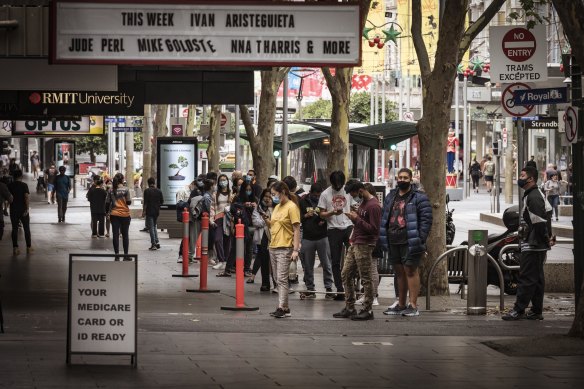 Long queues at a Bourke Street testing site on Wednesday.