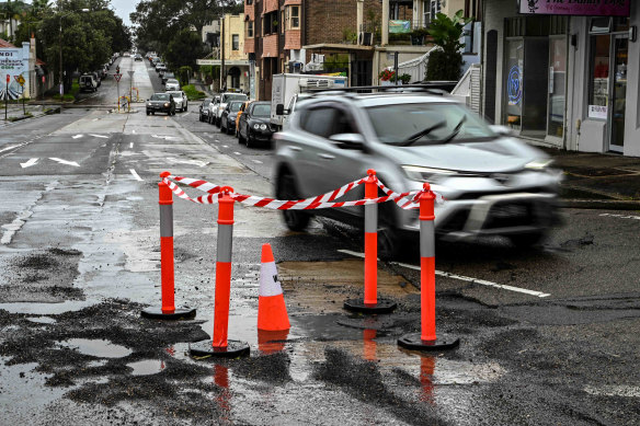 Road damage due to the heavy rain on Blair Street in Bondi.