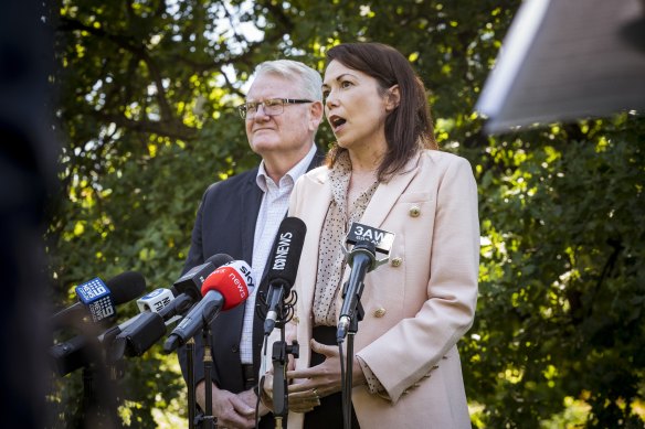 Emergency Services Minister Jaclyn Symes and ESTA interim CEO Stephen Leane speak to the media in March.