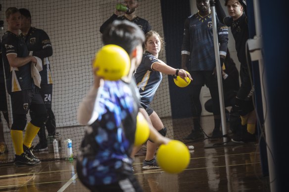 Australian Dodgeball national team member Simone Phillips in action at the Albert Park Sports Centre.
