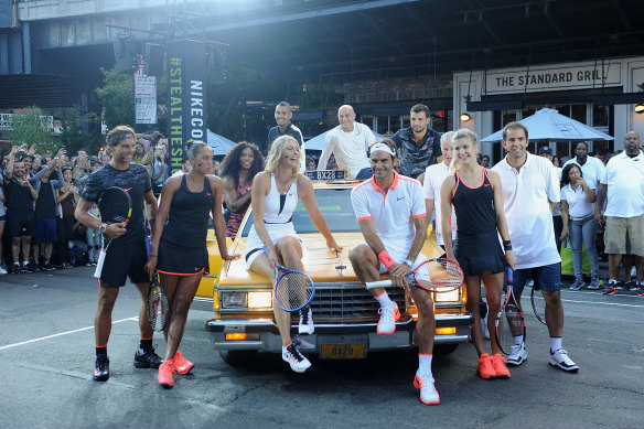 Rafael Nadal, Serena Williams, Madison Keys, Nick Kyrgios, Maria Sharapova, Pete Sampras, Andre Agassi, Genie Bouchard, Roger Federer,  Grigor Dimitrov and John McEnroe attends Nike’s “NYC Street Tennis” event in 2015 in New York.