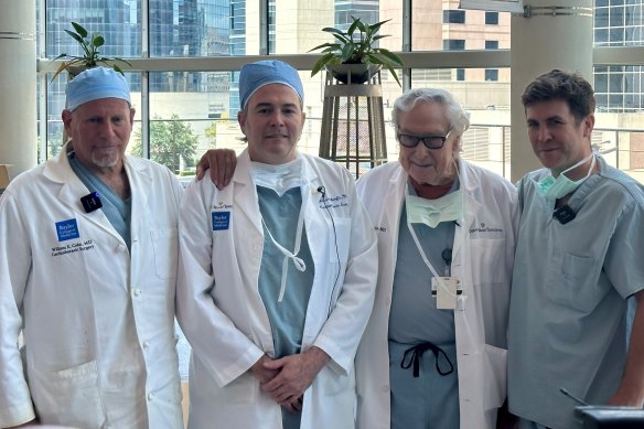 The surgery team behind the US operation: Dr William “Billy” Cohn, Dr Alexis Shafii, Dr O. H. “Bud” Frazier, and Dr Daniel Timms, the Australian founder and chief technology officer of BiVacor.