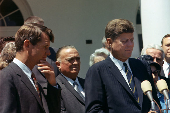 Attorney General Robert Kennedy, J. Edgar Hoover and President John Kennedy in a scene from Oliver Stone’s documentary series, JFK: Destiny Betrayed