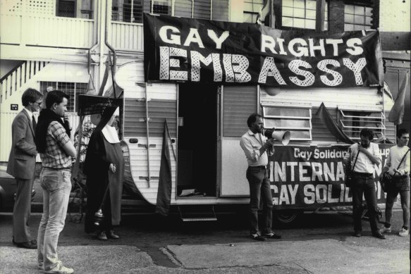 Activists set up their Gay Rights Embassy opposite then-premier Neville Wran’s home in 1983.