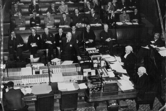 The P.M. Mr. Menzies, introduces an anti-Communist bill into the House of Representatives in 1950, a precursor to the 1951 referendum.