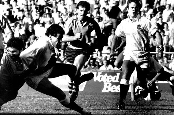 Simon Poidevin following up play for the Wallabies against England at Concord Oval in 1987.