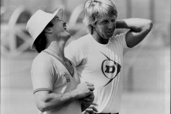 Allan Border and Jeff Thompson share a joke the day after their heroic stand that fell just short of giving Australia an unlikely victory