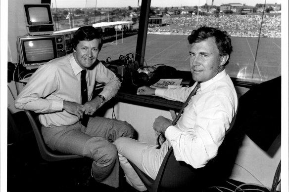 Jim Maxwell (right) calling rugby league in 1985, with former referee Gary Cook.